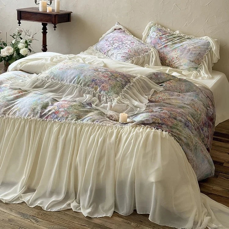 Bedding Set Watercolor Floral Gathered Ruffle