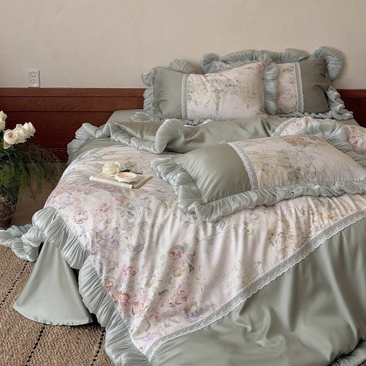 Bedding Set Watercolor Floral Reversible Lace Trim 4-Piece