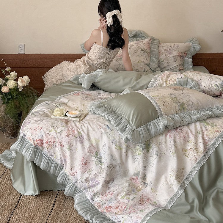 Bedding Set Watercolor Floral Reversible Lace Trim 4-Piece