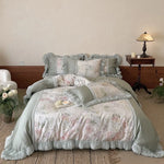 Bedding Set Watercolor Floral Reversible Lace Trim 4-Piece