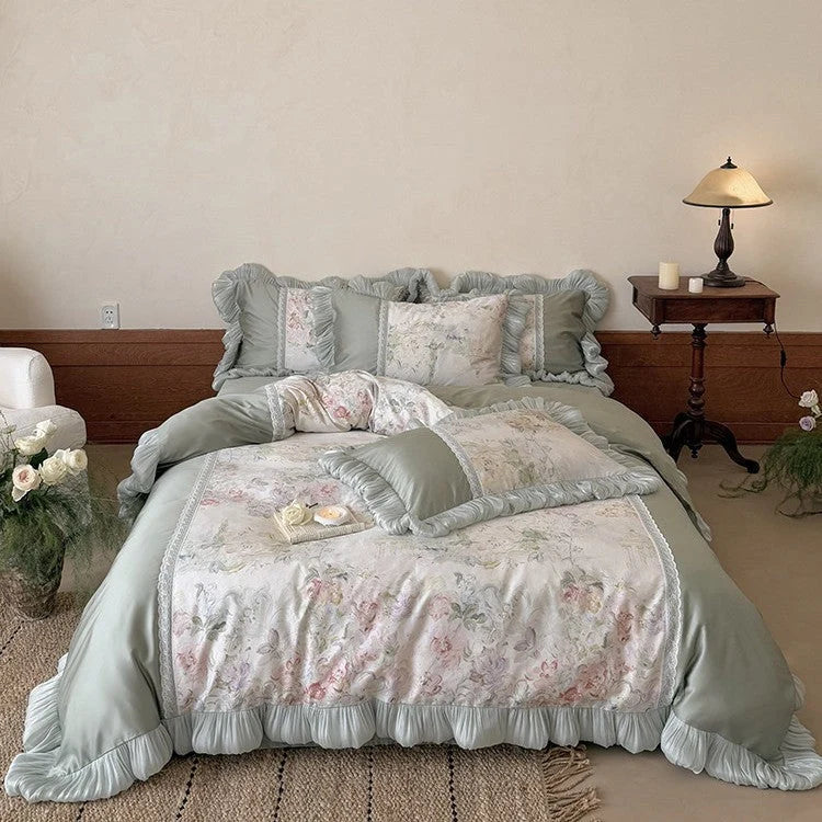 Bedding Set Watercolor Floral Reversible Lace Trim 4-Piece