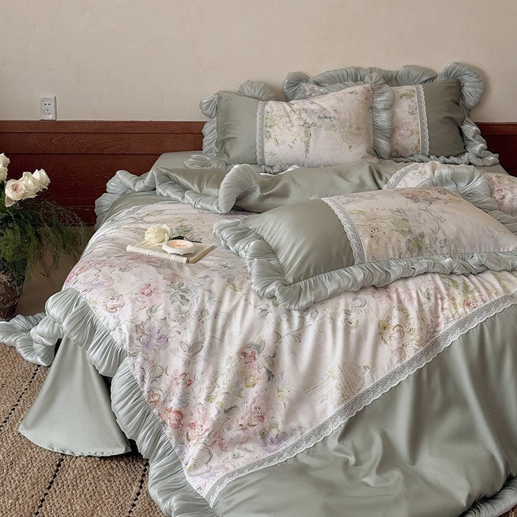 Bedding Set Watercolor Floral Reversible Lace Trim 4-Piece