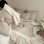 Bedding & Throw Set Breathable Cotton-Linen Rose Embroidery 4-Pc