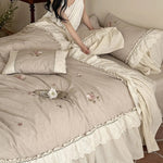 Bedding & Throw Set Breathable Cotton-Linen Rose Embroidery 4-Pc