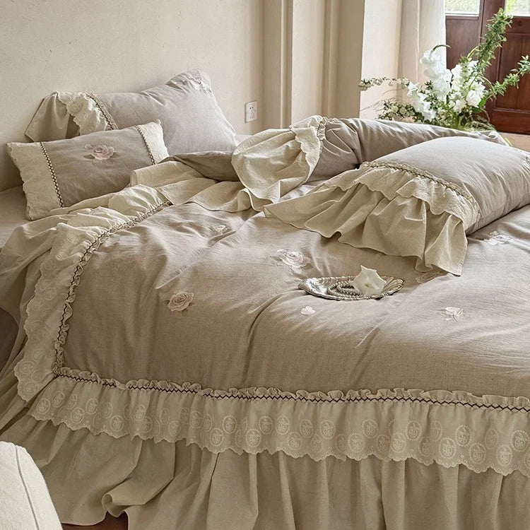 Bedding & Throw Set Breathable Cotton-Linen Rose Embroidery 4-Pc