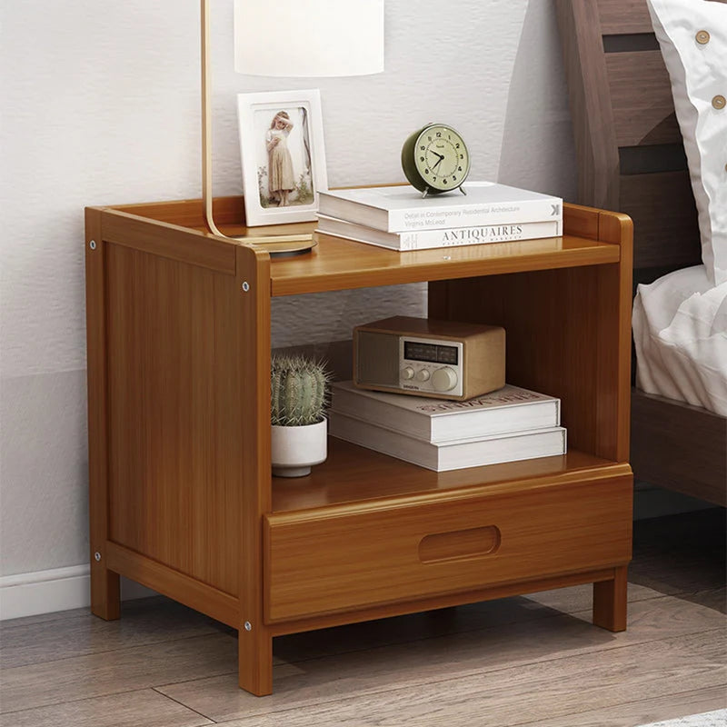 Bedside Nightstand Bamboo Drawer Storage Compact Square Design