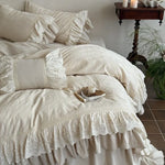 Bedspread 4-Piece Set Cotton-Linen Double Ruffle & Lace Trim