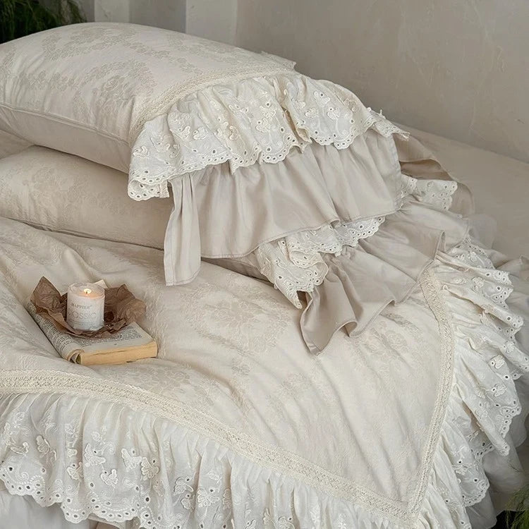 Bedspread 4-Piece Set Cotton-Linen Double Ruffle & Lace Trim