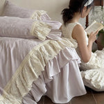 Bedspread 4-Piece Set Cotton-Linen Double Ruffle & Lace Trim