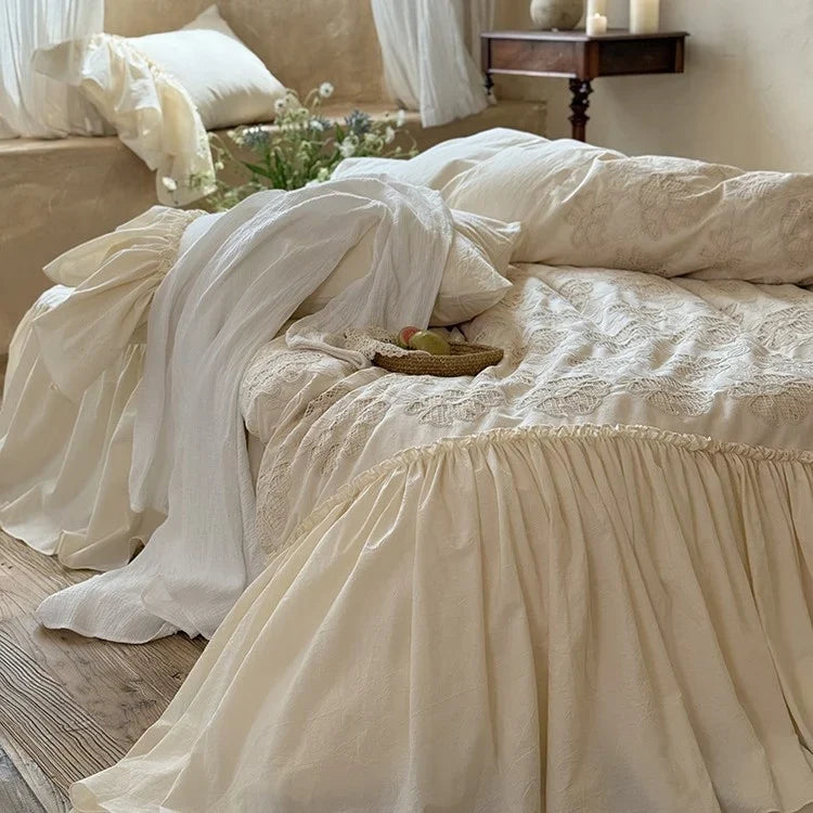 Bedspread & Bed Skirt Set Cotton Blend Embroidered 4-Piece
