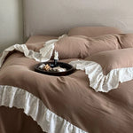 Bedspread Set 4-Piece Cotton Gauze Quilted Embroidered Ruffles