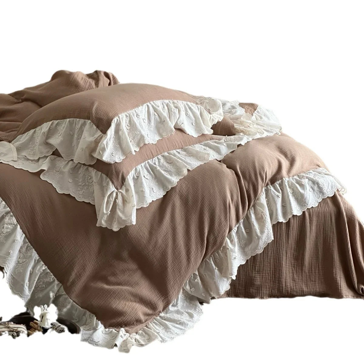 Bedspread Set 4-Piece Cotton Gauze Quilted Embroidered Ruffles