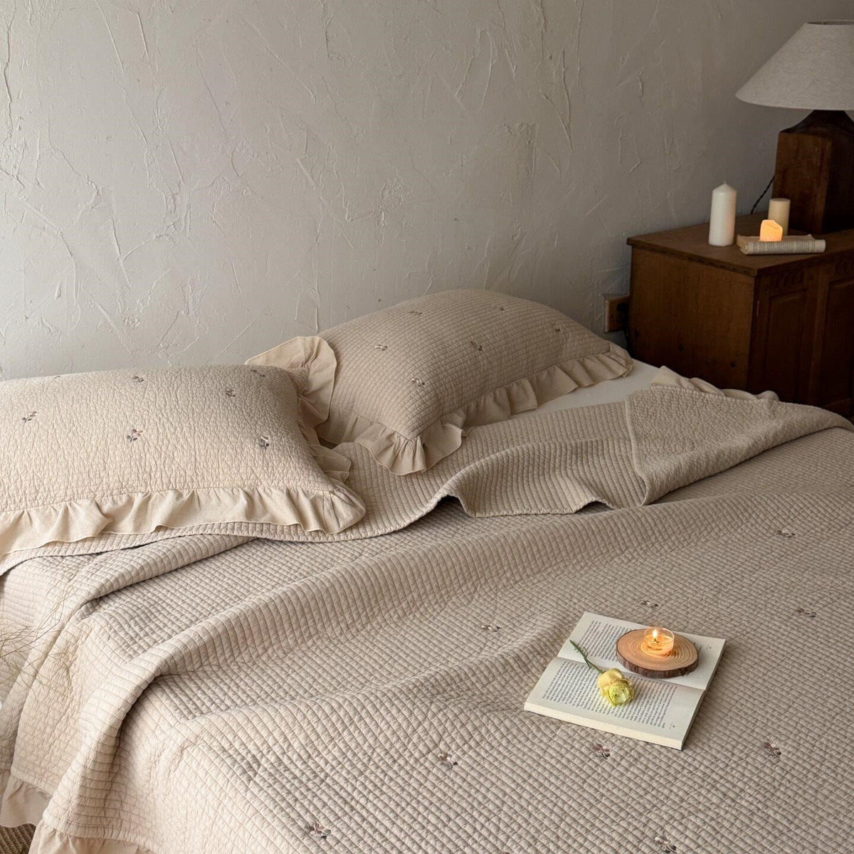 Bedspread Set Cotton Percale Floral Embroidery Ruffled Edge