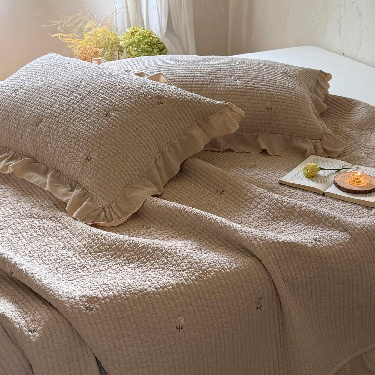 Bedspread Set Cotton Percale Floral Embroidery Ruffled Edge