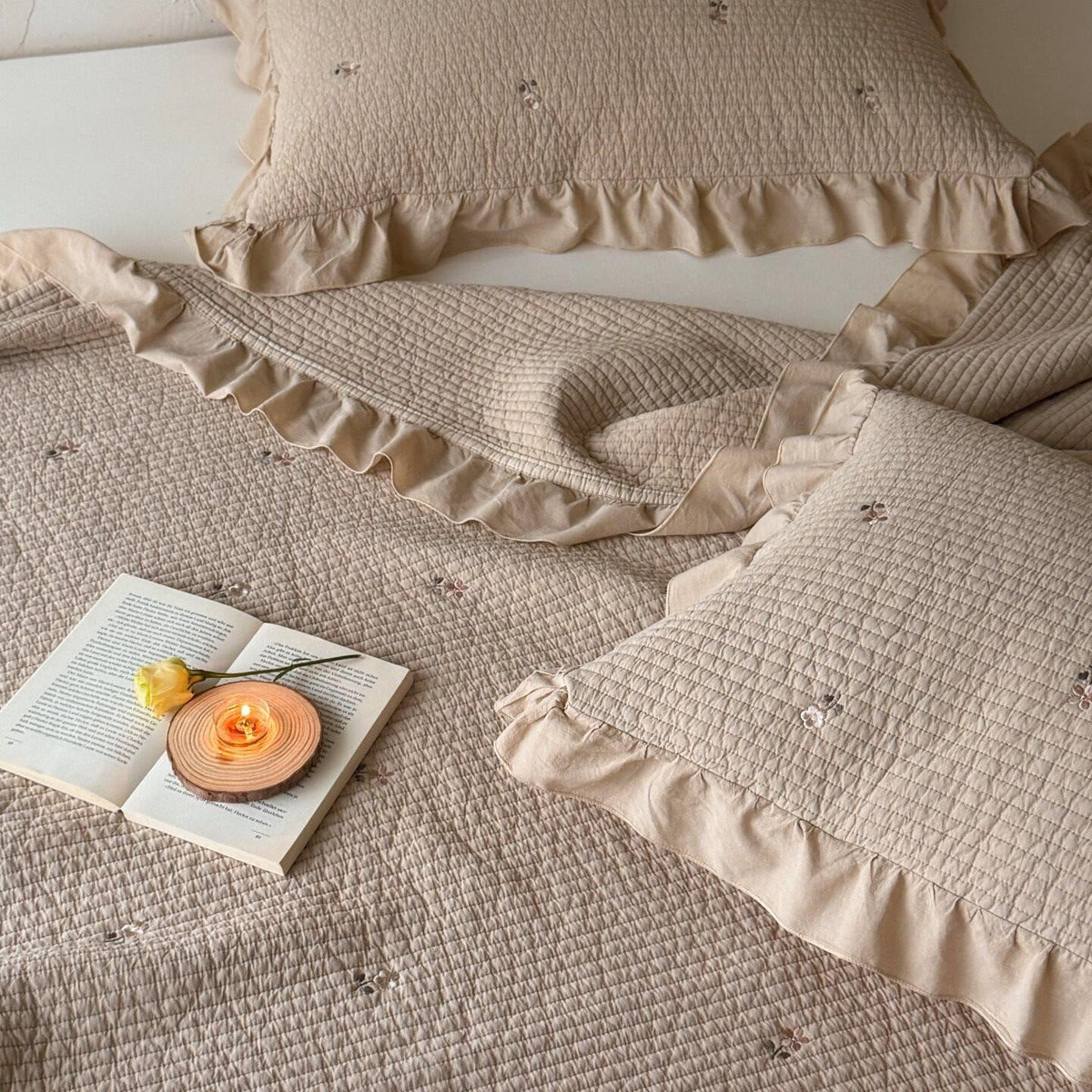 Bedspread Set Cotton Percale Floral Embroidery Ruffled Edge