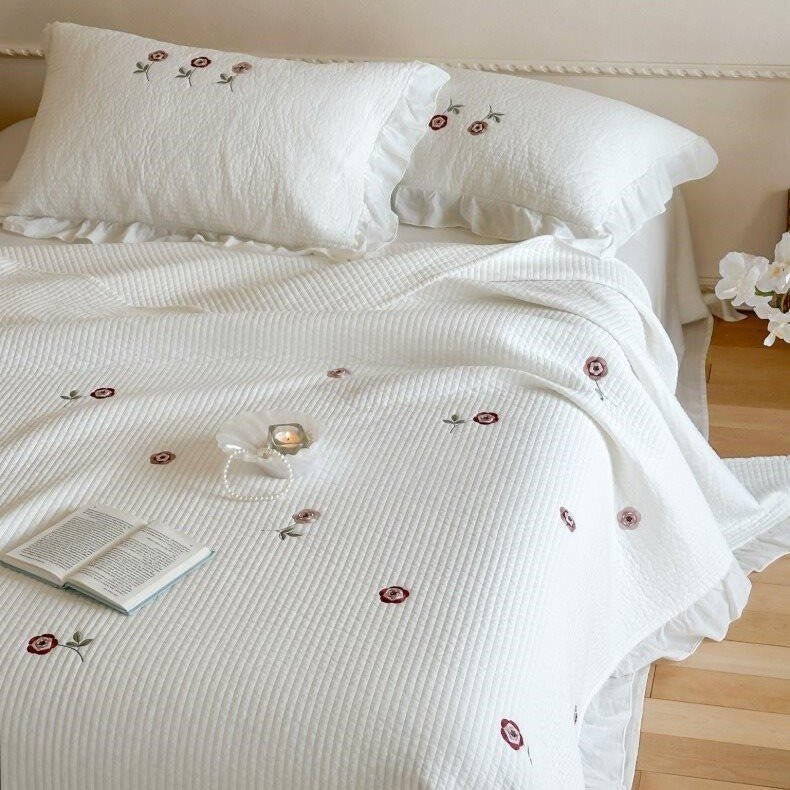 Bedspread Set Cotton Percale Floral Embroidery Ruffled Edge