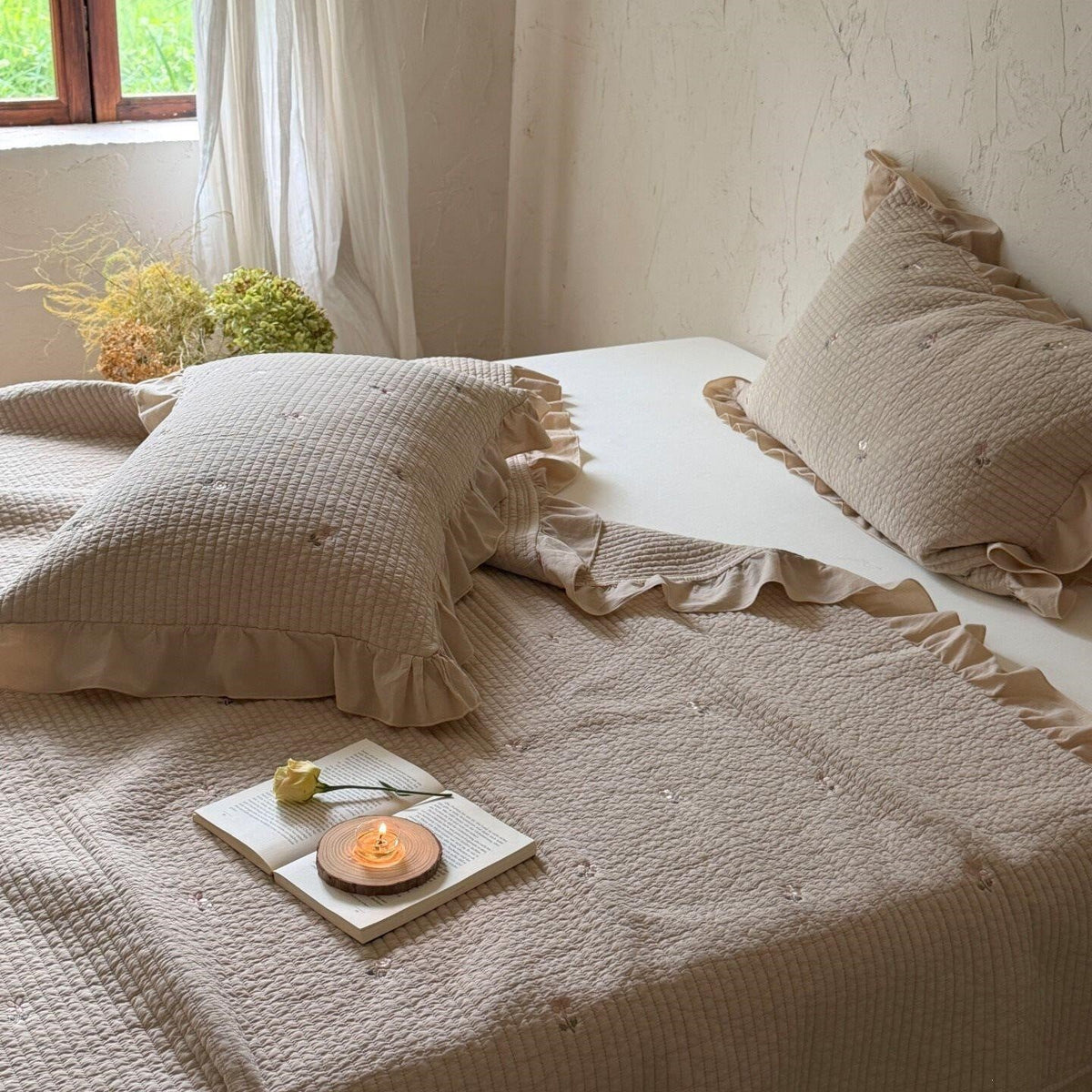 Bedspread Set Cotton Percale Floral Embroidery Ruffled Edge