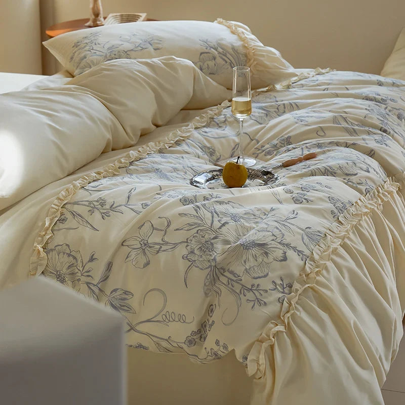 Bedspread Set Floral Ruffle Satin-Like Cotton Blend Machine Washable