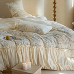 Bedspread Set Floral Ruffle Satin-Like Cotton Blend Machine Washable