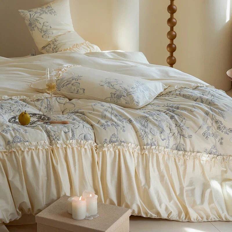 Bedspread Set Floral Ruffle Satin-Like Cotton Blend Machine Washable
