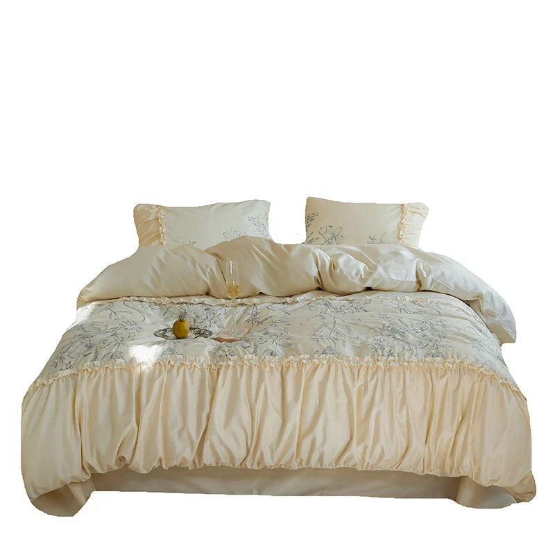 Bedspread Set Floral Ruffle Satin-Like Cotton Blend Machine Washable