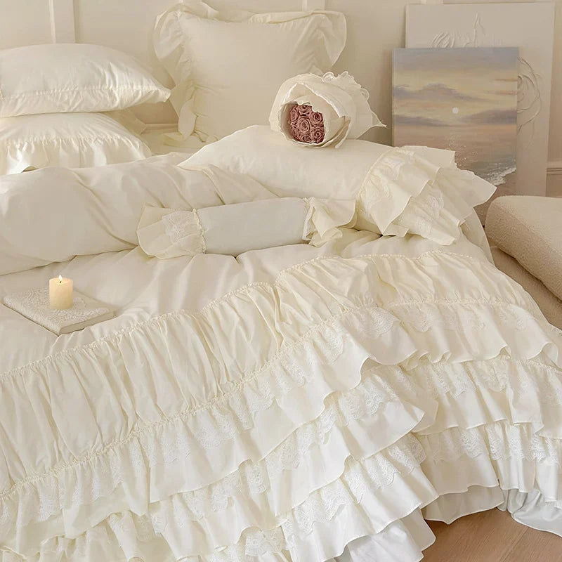 Bedspread Set Multilayered Ruffle & Lace Stripes Cotton Blend