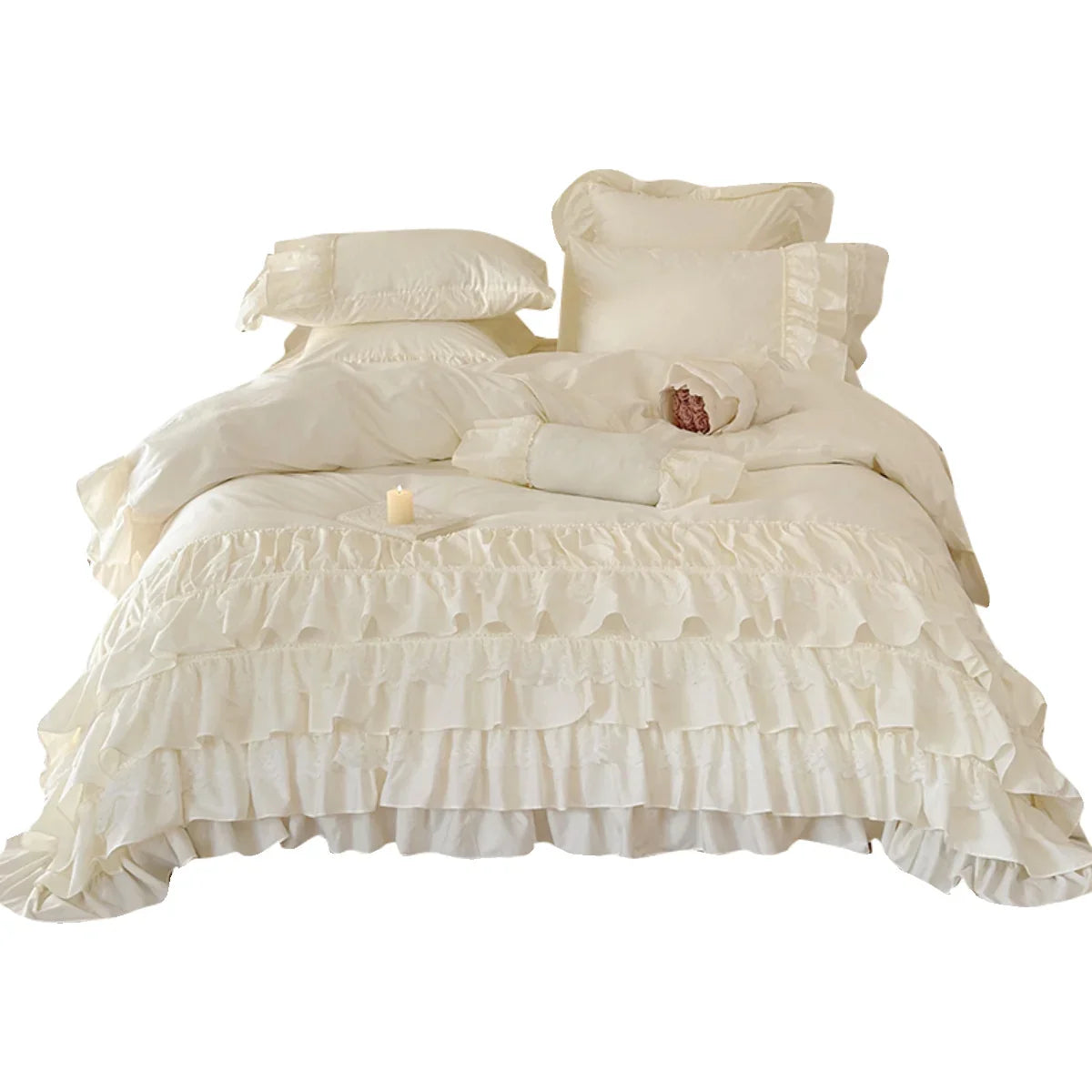 Bedspread Set Multilayered Ruffle & Lace Stripes Cotton Blend