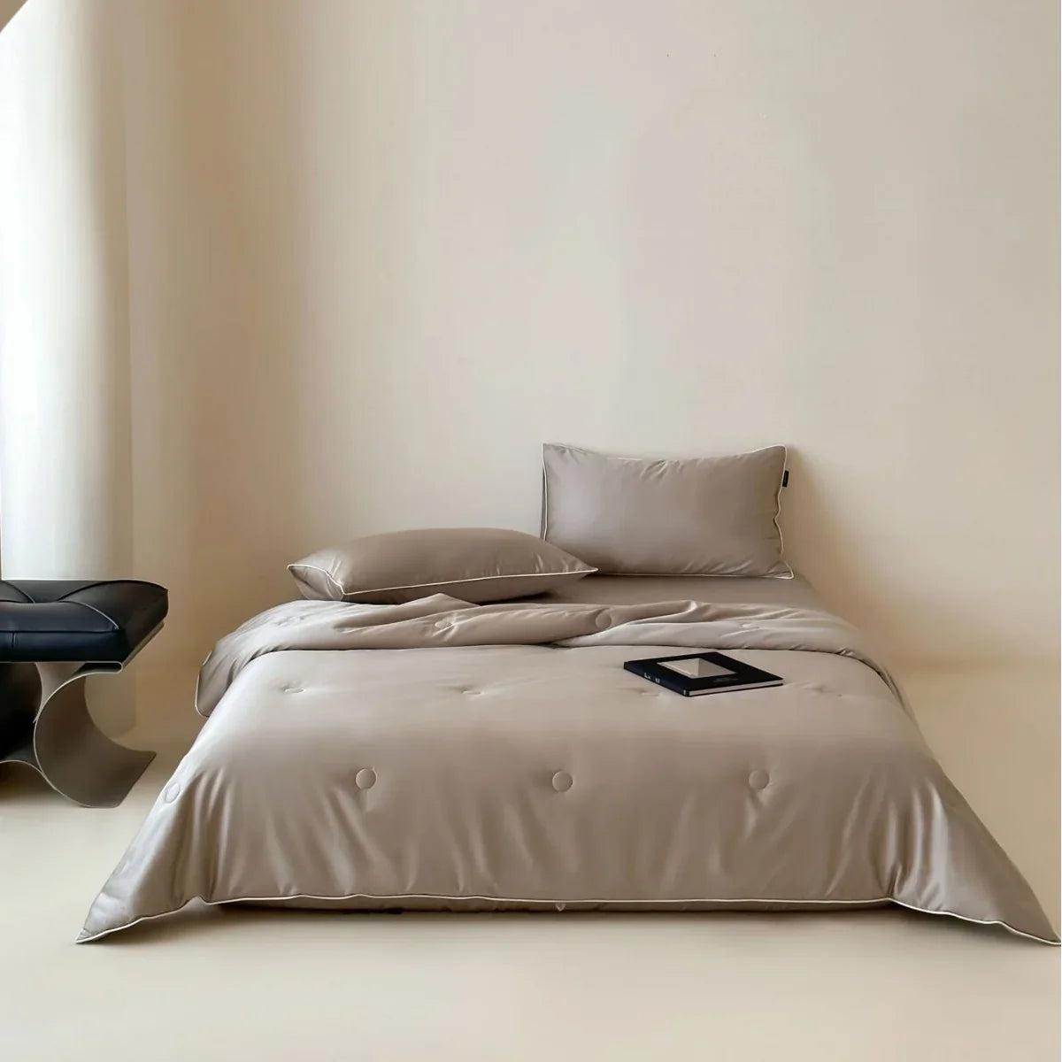 Bedspread Set Quilted Satin Piped Edges & Button Detail