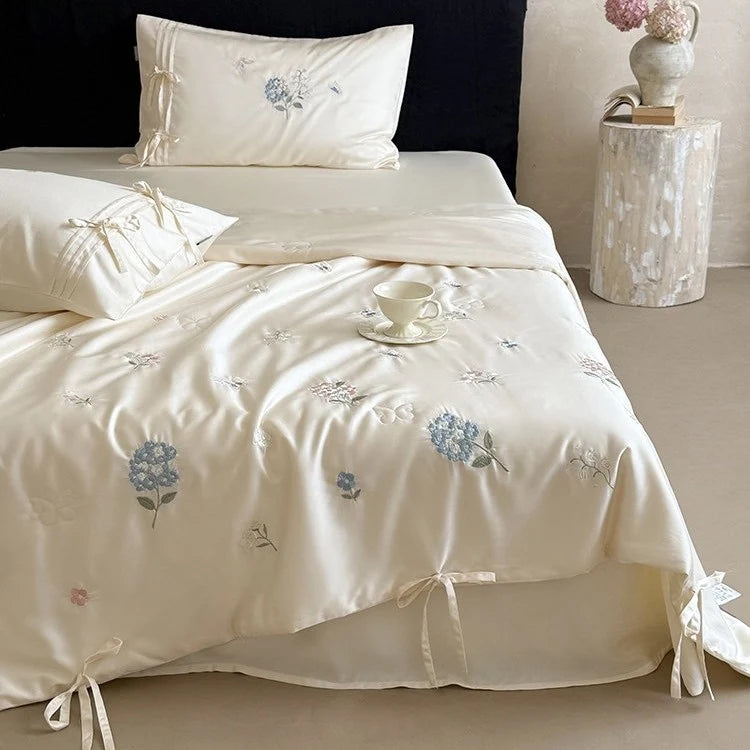 Bedspread Set Silky Satin Hand Embroidered & Secure Ties