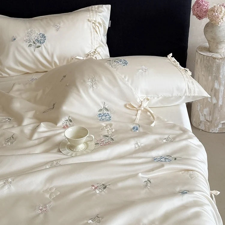 Bedspread Set Silky Satin Hand Embroidered & Secure Ties