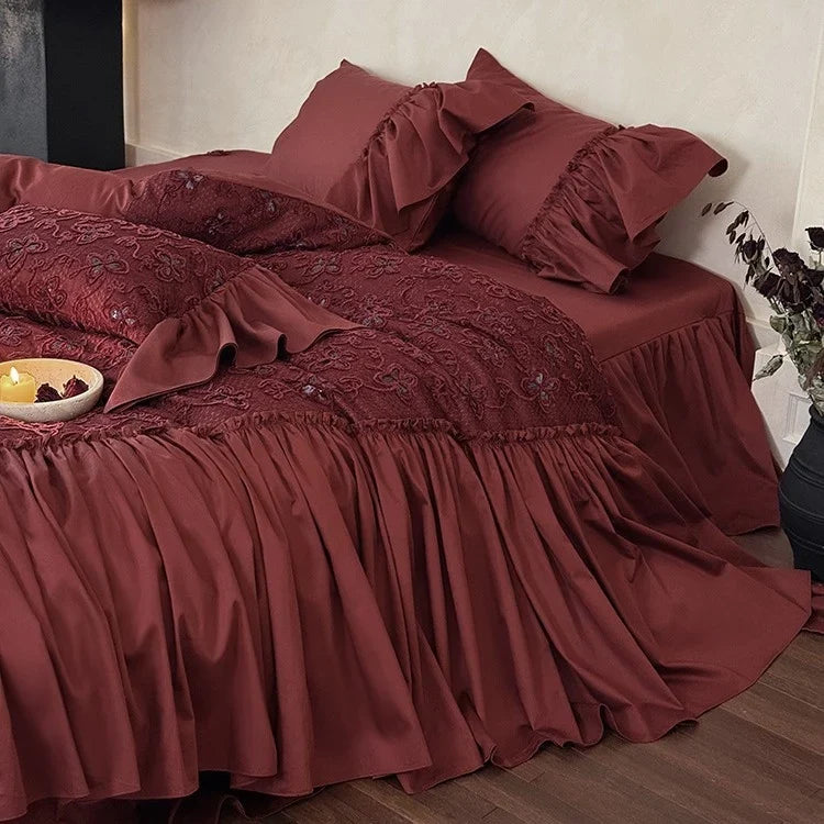 Bedspread Set Velvety Satin 3D Floral Embroidery 4-Piece