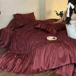 Bedspread Set Velvety Satin 3D Floral Embroidery 4-Piece