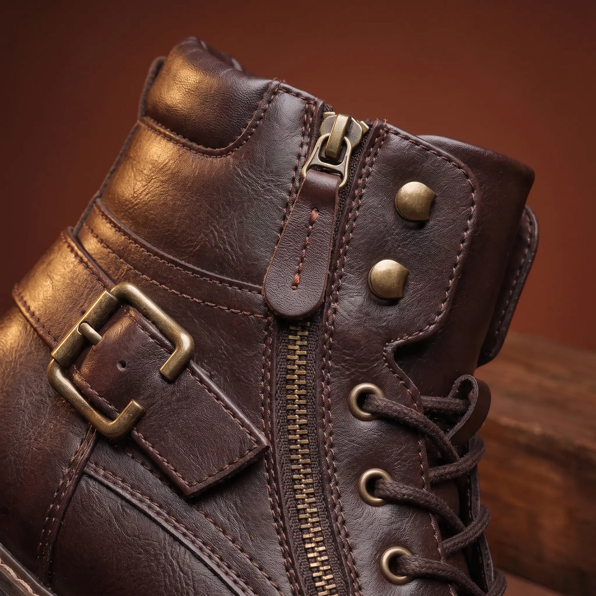 Biker Boots Side Zip Buckle Strap Deep Tread