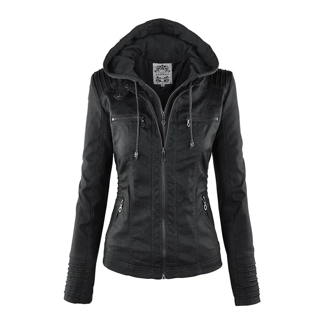 Biker Jacket Faux Leather Removable Hood Hip-Length