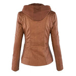 Biker Jacket Faux Leather Removable Hood Hip-Length
