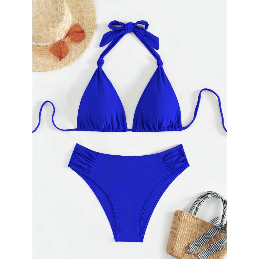 Bikini Set Adjustable Halterneck Ruched Side Bottoms