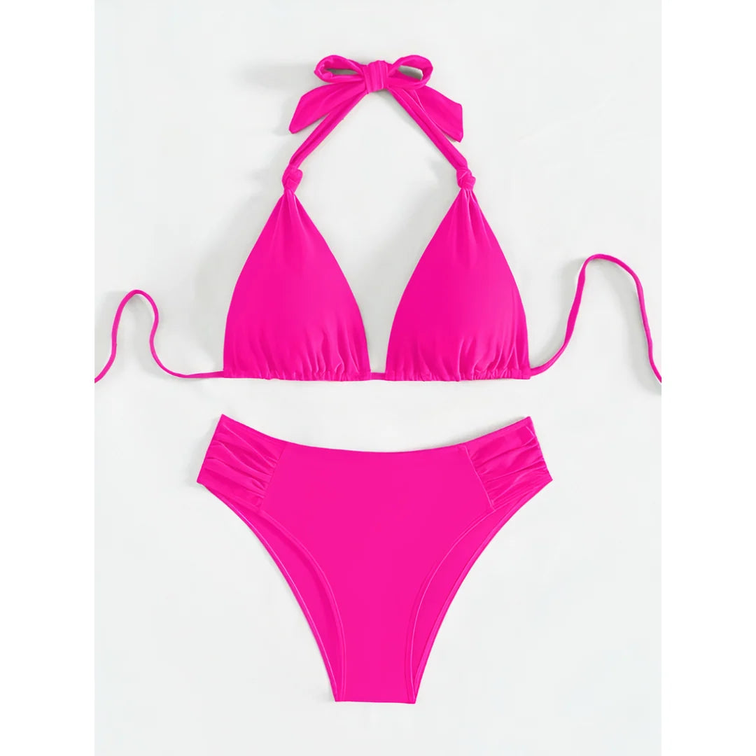 Bikini Set Adjustable Halterneck Ruched Side Bottoms