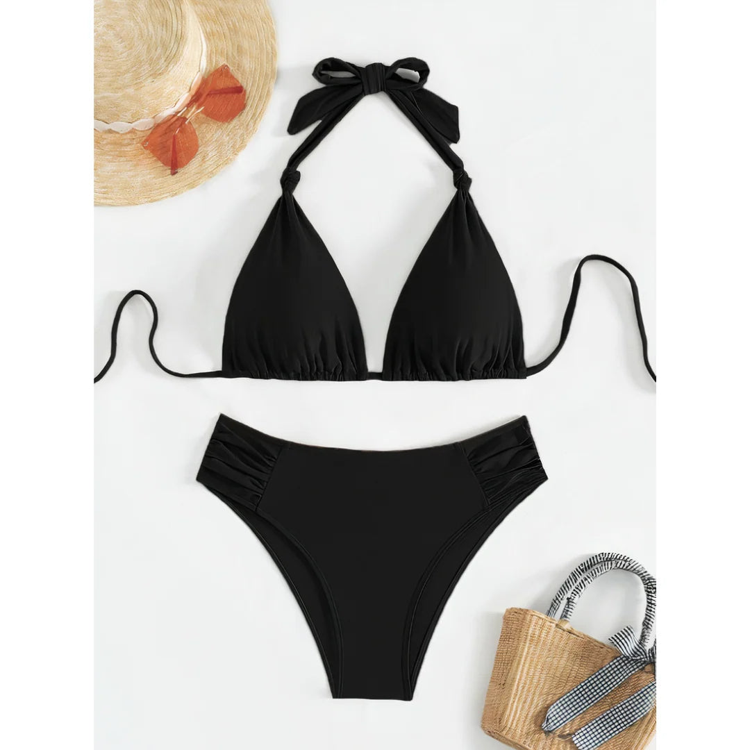 Bikini Set Adjustable Halterneck Ruched Side Bottoms