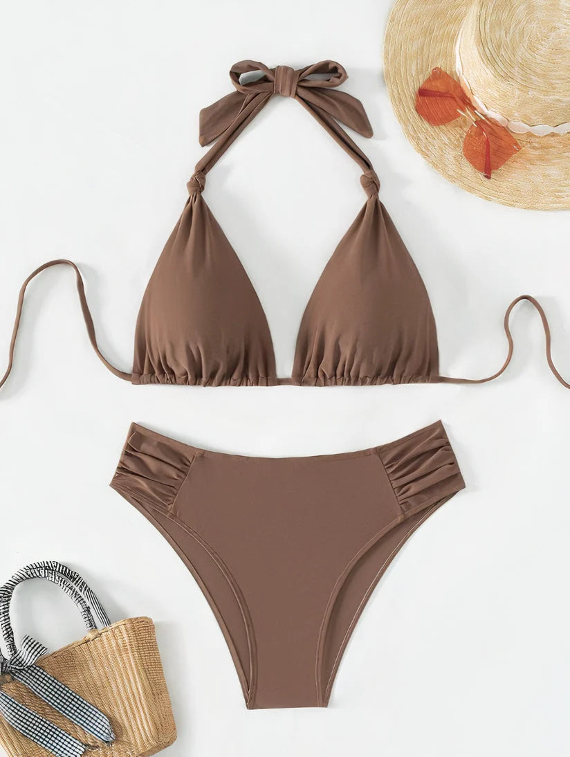 Bikini Set Adjustable Halterneck Ruched Side Bottoms