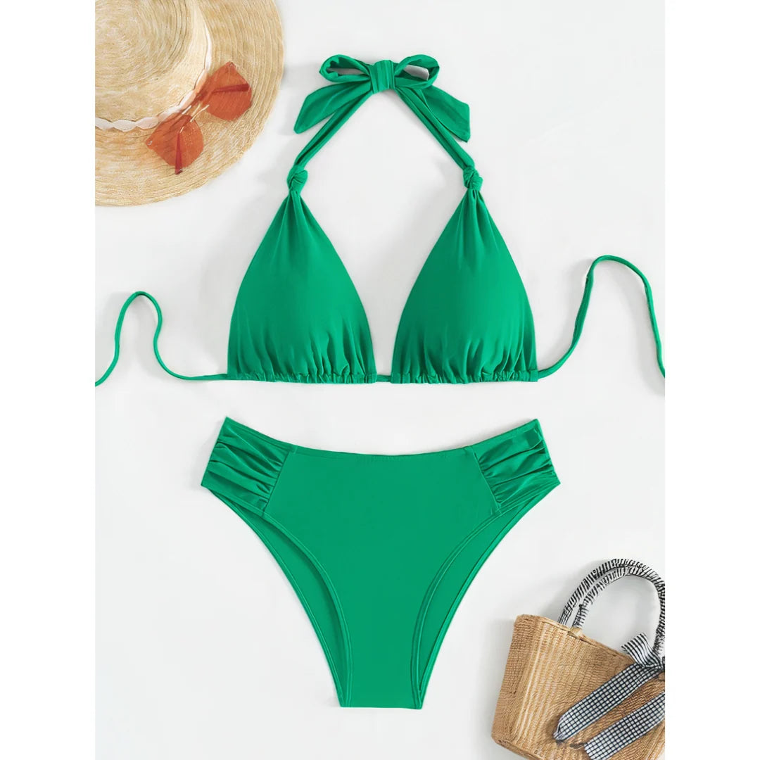 Bikini Set Adjustable Halterneck Ruched Side Bottoms