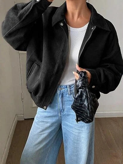 Bomber Jacket Cropped Relaxed Fit Zip & Snap Closure Pockets
