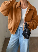Bomber Jacket Cropped Relaxed Fit Zip & Snap Closure Pockets