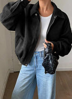 Bomber Jacket Cropped Relaxed Fit Zip & Snap Closure Pockets