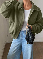Bomber Jacket Cropped Relaxed Fit Zip & Snap Closure Pockets