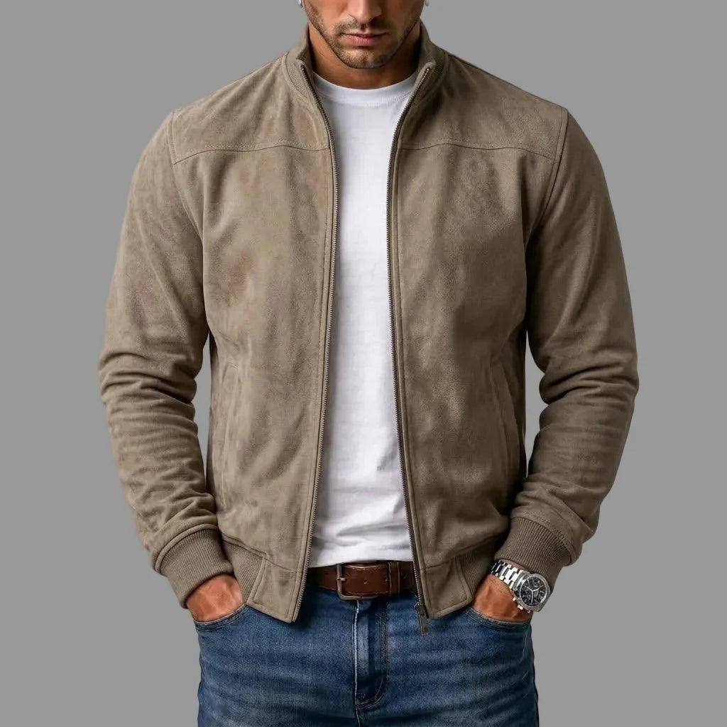 Bomber Jacket Faux Suede Stand-Up Collar Full Zip