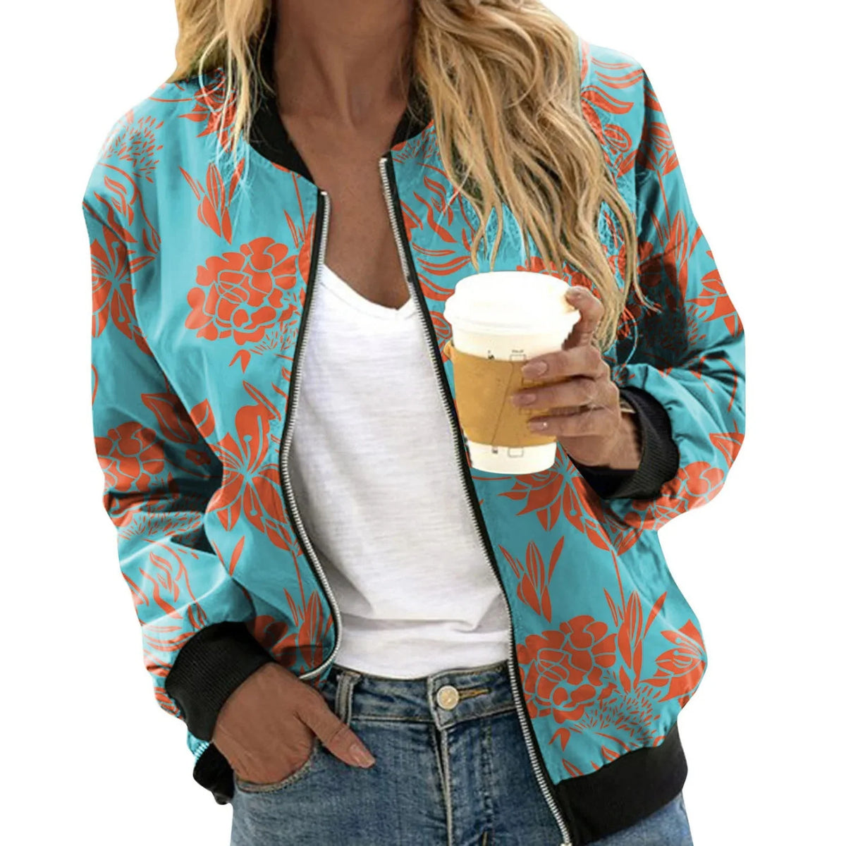 Bomber Jacket Lightweight Polyester Floral Print Relaxed Fit