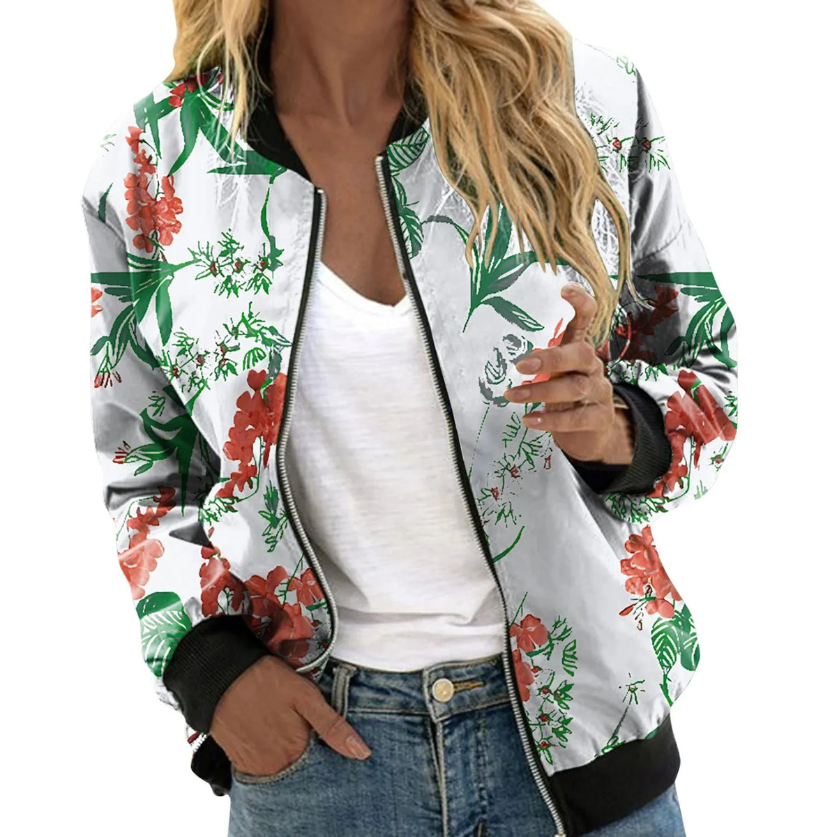 Bomber Jacket Lightweight Polyester Floral Print Relaxed Fit