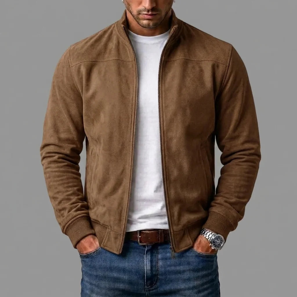 Bomber Jacket Suede-Like Texture Ribbed Cuffs & Hem