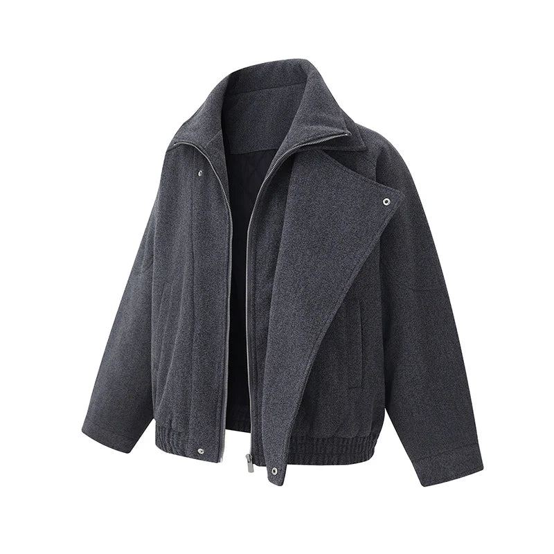 Bomber Jacket Wool Blend High Stand Collar Asymmetrical Closure