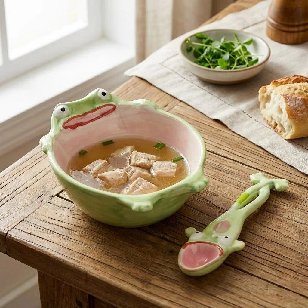 Bowl Set Ceramic Frog Design Matching Spoon